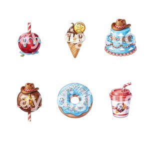 Puede incluir: Una colecci&oacute;n de seis ilustraciones que incluye una manzana de caramelo roja con pajita a rayas, un helado con una insignia de sheriff, un pastel azul de dos pisos con sombrero de vaquero, un cake pop de chocolate, un d&oacute;nut glaseado azul y un vaso.