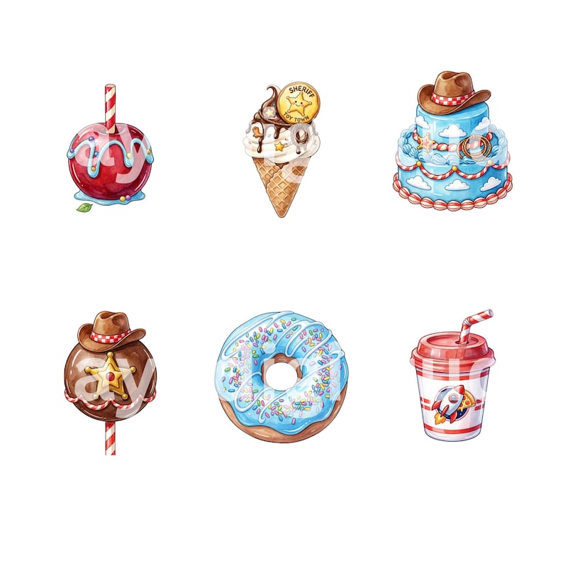 Puede incluir: Una colecci&oacute;n de seis ilustraciones que incluye una manzana de caramelo roja con pajita a rayas, un helado con una insignia de sheriff, un pastel azul de dos pisos con sombrero de vaquero, un cake pop de chocolate, un d&oacute;nut glaseado azul y un vaso.