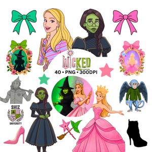May include: Digital illustrations of characters from the musical "Wicked." The images include portraits of the main characters, a green witch, a blonde woman, and a pink princess. Other elements include bows, stars, and a high-heeled shoe.