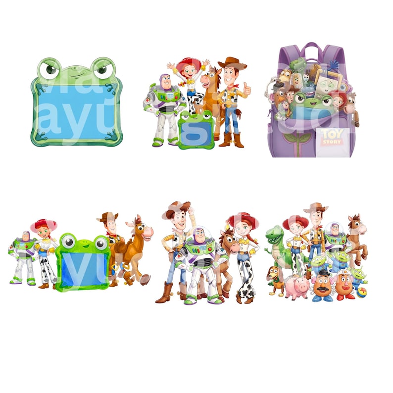 Puede incluir: Una colecci&oacute;n de gr&aacute;ficos con tem&aacute;tica de Toy Story que incluye a Buzz Lightyear, Woody, Jessie, Bullseye y otros personajes. El conjunto incluye un marco verde con forma de rana, una mochila morada llena de juguetes y varios grupos.