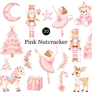 Op de afbeelding: Een verzameling van 30 digitale illustraties met roze notenkrakers, ballerina's, een teddybeer, een paard, een hert, een kerstboom, een halve maan, een ster, een cadeau en zuurstokken met de tekst 30 Pink Nutcracker in het midden.
