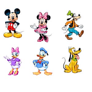 May include: Six cartoon character illustrations on a white background. Mickey Mouse in red shorts and yellow shoes, Minnie Mouse in a pink dress, Goofy in an orange vest and blue pants, Daisy Duck in a purple outfit, Donald Duck in a blue sailor suit, and Pluto.