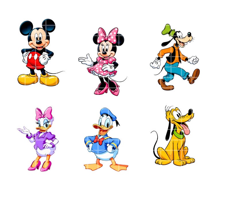 May include: Six cartoon character illustrations on a white background. Mickey Mouse in red shorts and yellow shoes, Minnie Mouse in a pink dress, Goofy in an orange vest and blue pants, Daisy Duck in a purple outfit, Donald Duck in a blue sailor suit, and Pluto.