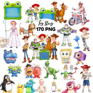 Pakiet PNG inspirowany Toy Story, Pakiet clipartów Toy Adventure w formacie PNG, Akwarele z postaciami kowbojów i kosmitów, Grafiki na przyjęcie urodzinowe dla dzieci