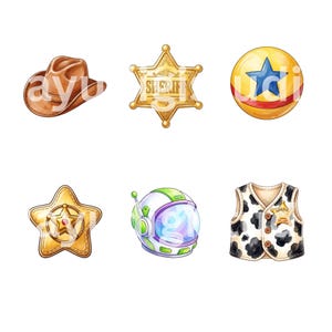Puede incluir: Una colecci&oacute;n de seis ilustraciones que incluye un sombrero de vaquero marr&oacute;n, una estrella de sheriff dorada, una pelota amarilla con una estrella azul, una insignia dorada en forma de estrella, un casco espacial blanco y verde y un chaleco.