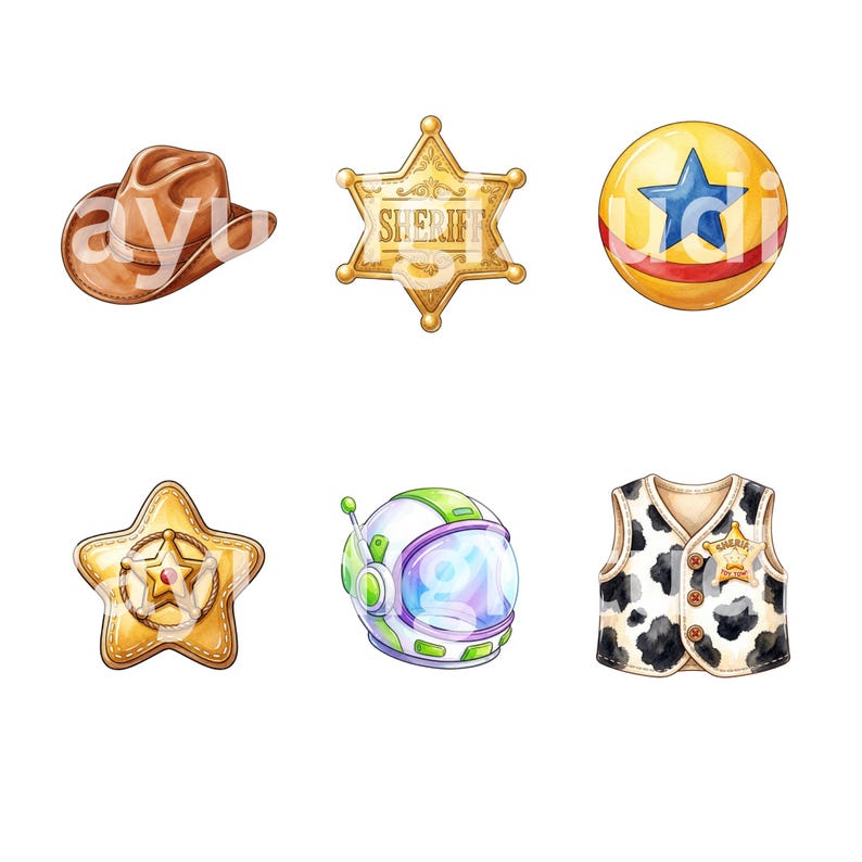 Puede incluir: Una colecci&oacute;n de seis ilustraciones que incluye un sombrero de vaquero marr&oacute;n, una estrella de sheriff dorada, una pelota amarilla con una estrella azul, una insignia dorada en forma de estrella, un casco espacial blanco y verde y un chaleco.