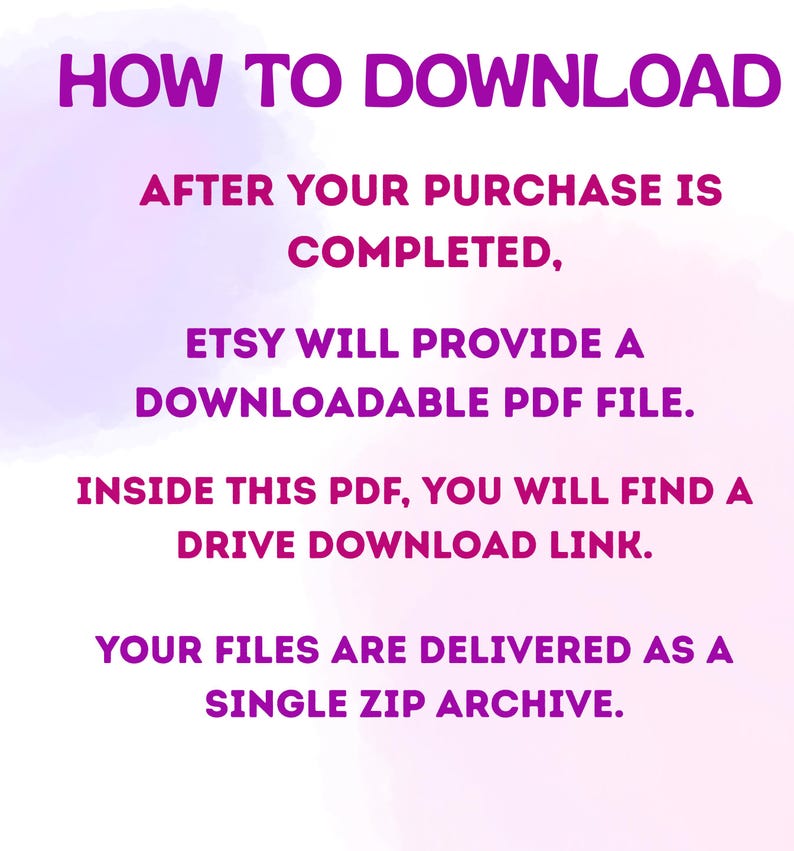 May include: A purple and white graphic with the text "HOW TO DOWNLOAD" and instructions for downloading a PDF file after purchase. The text explains how to find a Drive download link and receive files as a single ZIP archive.