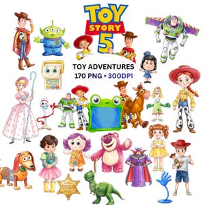 Puede incluir: Una colecci&oacute;n digital de ilustraciones de personajes de Toy Story 5 que incluye a Woody, Buzz Lightyear, Jessie, Bo Peep, Forky, Slinky Dog, Rex, Lotso y otras figuras. La imagen incluye el texto TOY STORY 5 TOY ADVENTURES 170 PNG 300DPI.