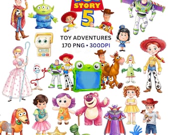 Paquete de imágenes PNG inspiradas en Toy Story, paquete de imágenes prediseñadas PNG de Toy Adventure, imágenes prediseñadas de acuarela de personajes vaqueros y espaciales, gráficos para fiestas de cumpleaños infantiles,