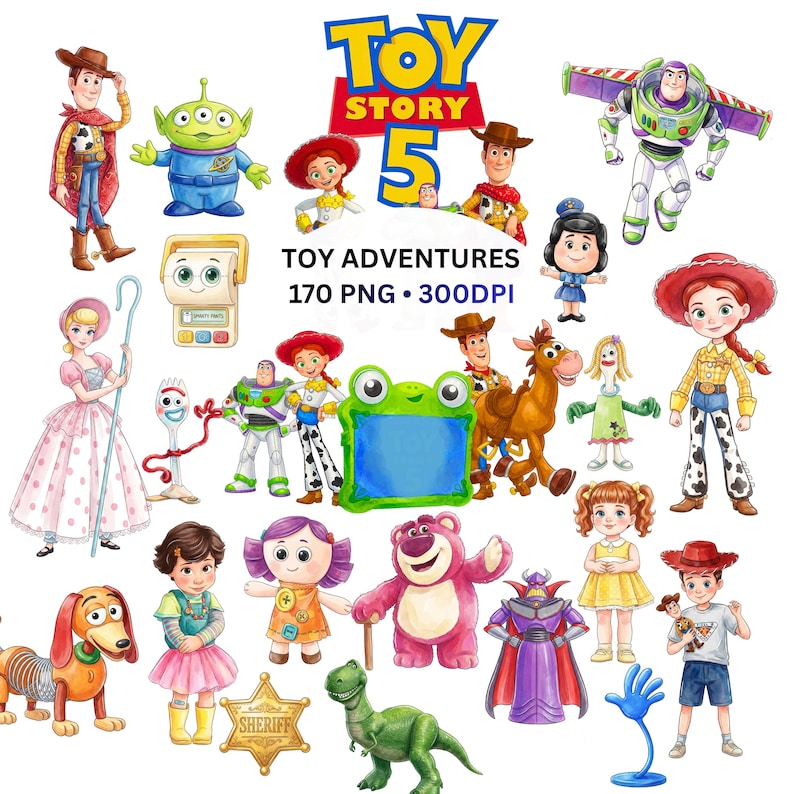 Puede incluir: Una colecci&oacute;n digital de ilustraciones de personajes de Toy Story 5 que incluye a Woody, Buzz Lightyear, Jessie, Bo Peep, Forky, Slinky Dog, Rex, Lotso y otras figuras. La imagen incluye el texto TOY STORY 5 TOY ADVENTURES 170 PNG 300DPI.