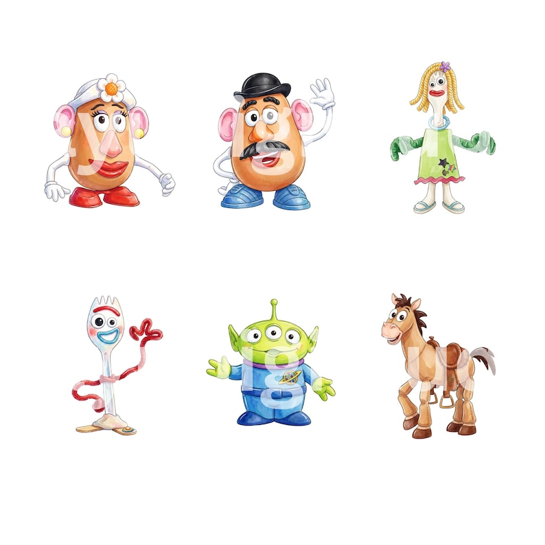 Puede incluir: Una colecci&oacute;n de seis figuras de personajes de dibujos animados que incluye una patata con sombrero blanco, una patata con sombrero negro y bigote, una figura hecha de tenedor con pelo amarillo, una figura de tenedor con brazos rojos, un alien&iacute;gena verde de tres ojos y un caballo marr&oacute;n.