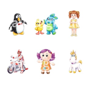Puede incluir: Una colecci&oacute;n de seis ilustraciones de dibujos animados que incluyen un ping&uuml;ino blanco y negro con pajarita roja, un pollito amarillo con un conejo azul, una ni&ntilde;a con vestido amarillo, un motociclista con traje blanco y rojo, una mu&ntilde;eca de pelo morado y un unicornio blanco.