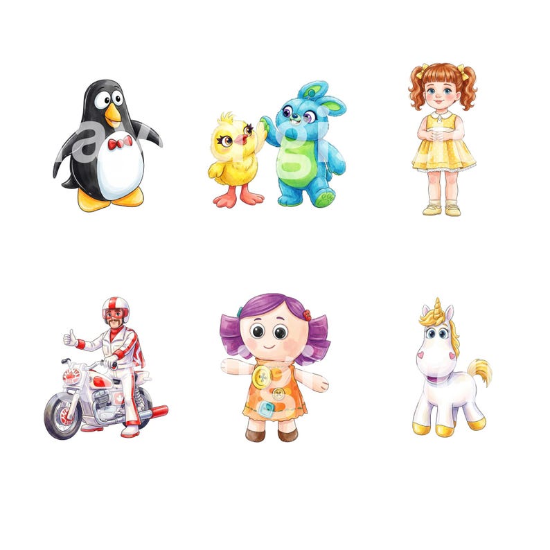 Puede incluir: Una colecci&oacute;n de seis ilustraciones de dibujos animados que incluyen un ping&uuml;ino blanco y negro con pajarita roja, un pollito amarillo con un conejo azul, una ni&ntilde;a con vestido amarillo, un motociclista con traje blanco y rojo, una mu&ntilde;eca de pelo morado y un unicornio blanco.