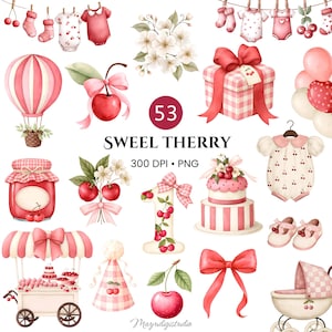Puede incluir: Una colección digital de ilustraciones en acuarela con elementos de cerezas en rosa y rojo, incluyendo un globo aerostático, un regalo, un pastel, un body de bebé, zapatos, un cochecito, un carrito, el número 1 y el texto SWEEL THERRY 300 DPI PNG.