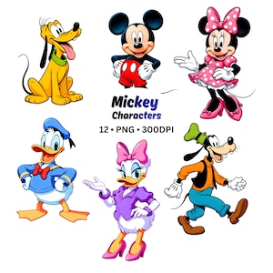 May include: A collection of six cartoon character illustrations, including Mickey Mouse, Minnie Mouse, Donald Duck, Daisy Duck, Goofy, and Pluto. The text "Mickey Characters" is displayed in a stylized font. The image also includes the text "12 &bull; PNG &bull; 300DPI".