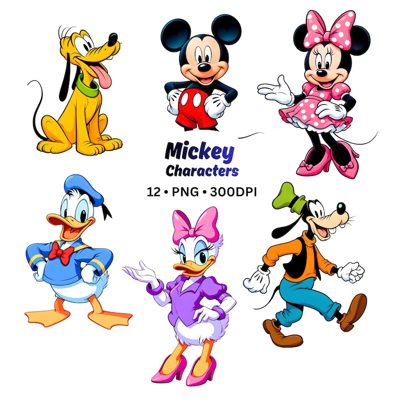 May include: A collection of six cartoon character illustrations, including Mickey Mouse, Minnie Mouse, Donald Duck, Daisy Duck, Goofy, and Pluto. The text "Mickey Characters" is displayed in a stylized font. The image also includes the text "12 &bull; PNG &bull; 300DPI".