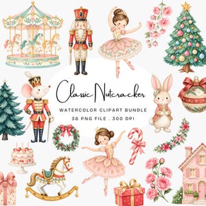 Puede incluir: Un conjunto de ilustraciones en acuarela que incluye un carrusel, un cascanueces, una bailarina, un árbol de Navidad, un ratón soldado, un conejo, un adorno, una corona, un pastel, un caballito, un bastón de caramelo, regalos, rosas y una casa con el texto Classic Nutcracker.