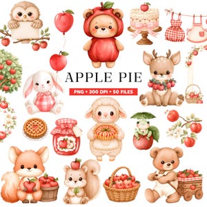 Puede incluir: Una colección de ilustraciones en acuarela con animales tiernos como un búho, oso, conejo, ciervo, cordero, zorro y ardilla, junto a manzanas, tarta de manzana, mermelada, pastel y cestas, con el texto APPLE PIE PNG 300 DPI 50 FILES.