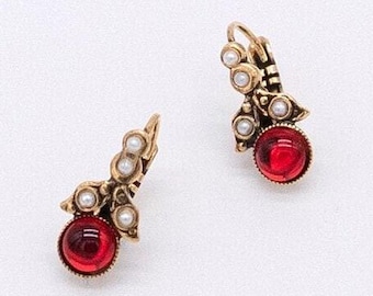 Ruby Red Gold Earrings | Handmade in Italy | Leafed Victorian Art Deco Art Nouveau Renaissance Romantic Gift
