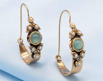Aqua Blue Gold Earrings | Handmade in Italy | Hooped Aquamarine Victorian Art Deco Art Nouveau Renaissance