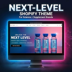 May include: A computer monitor displays a website with the text "NEXT-LEVEL SHOPIFY THEME For Science + Supplement Brands." The website features three vials labeled "PEPTIDE LABS." The background has blue and pink neon lighting.