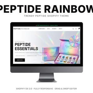 May include: A computer monitor displays a website with the text "PEPTIDE RAINBOW" and "PEPTIDE ESSENTIALS." The website showcases a product box with colorful bottles. The image also includes the text "TRENDY PEPTIDE SHOPIFY THEME."