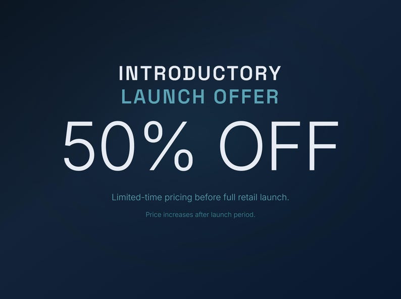 Op de afbeelding: Donkerblauwe achtergrond met witte tekst die een "INTRODUCTIE AANBIEDING" van "50% KORTING" aankondigt. De tekst "INTRODUCTIE" staat boven "AANBIEDING". Kleinere tekst eronder.
