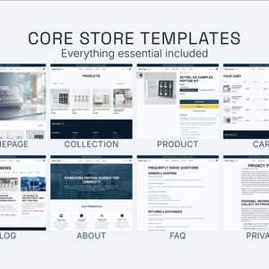 Op de afbeelding: Afbeelding met core store templates, inclusief homepage, collectie, product en winkelwagen layouts. De afbeelding toont website mockups met tekst zoals "Pioneering Peptide Systems" en "Everything essential included."