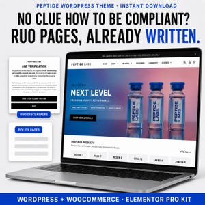Puede incluir: Un ordenador portátil muestra un sitio web de Peptide Labs en azul y blanco. La pantalla presenta una verificación de edad, tres viales de vidrio y un menú de productos. El texto incluye PEPTIDE WORDPRESS THEME.
