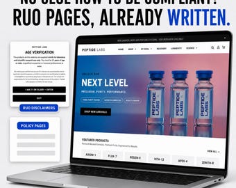 May include: A laptop displaying a website for Peptide Labs with a blue and white colour scheme. The screen shows an age verification pop-up, a hero section with three glass vials, and a featured products menu. Text includes PEPTIDE WORDPRESS THEME.