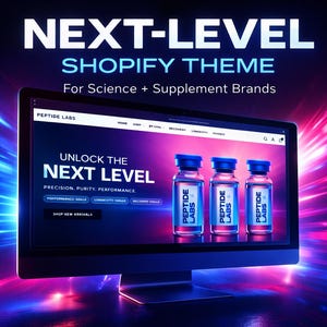 Op de afbeelding: Een computermonitor toont een website voor wetenschappelijke en supplementenmerken. Het scherm toont de tekst "NEXT-LEVEL SHOPIFY THEME" en "UNLOCK THE NEXT LEVEL". Drie flesjes met het label "PEPTIDE LABS" zijn ook zichtbaar. De achtergrond heeft blauwe, paarse en roze lichtstrepen.