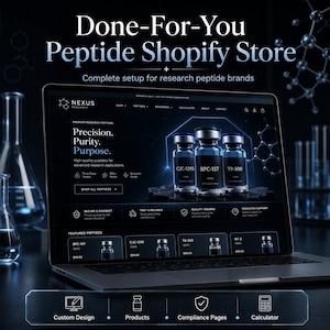 Pode incluir: Uma tela de laptop exibindo um site intitulado Done-For-You Peptide Shopify Store para marcas de peptídeos de pesquisa. O site apresenta imagens de frascos rotulados como CJC-1295, BPC-157 e TB-500, com menus de navegação e ícones para design personalizado, produtos, páginas de conformidade e uma calculadora.