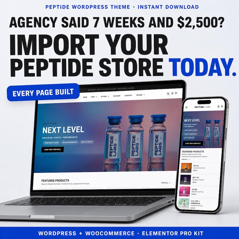Peptide Website Design for WordPress, Peptide WordPress Theme, WordPress Website Template, Science Brand Store Layout, for Science Brands image 1