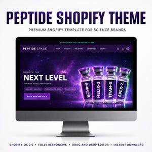 Peut inclure: Un écran d'ordinateur affiche une conception de site Web pour une marque scientifique. Le site Web présente une palette de couleurs violet et noir avec le texte "PEPTIDE SHOPIFY THEME". L'écran affiche des flacons étiquetés NOVA-9, HELIX-3, TITAN-X et APEX-7. Le site Web comprend également le texte "UNLOCK THE NEXT LEVEL."