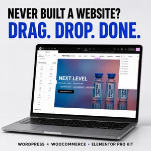 Pode incluir: Um portátil prateado exibindo uma interface de criação de sites para a Peptide Labs. O ecrã mostra o texto NEVER BUILT A WEBSITE? DRAG. DROP. DONE. e WORDPRESS + WOOCOMMERCE • ELEMENTOR PRO KIT com fundos de gradiente azul.