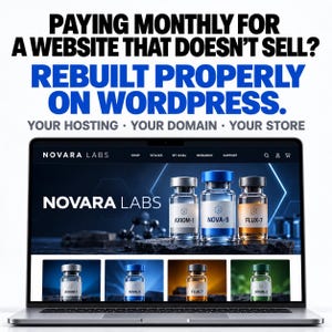 Puede incluir: Una pantalla de portátil que muestra el sitio web de Novara Labs con el texto: PAYING MONTHLY FOR A WEBSITE THAT DOESN'T SELL? REBUILT PROPERLY ON WORDPRESS. YOUR HOSTING • YOUR DOMAIN • YOUR STORE. El sitio presenta viales etiquetados AXIOM-1, NOVA-9, FLUX-7.