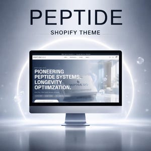 May include: A computer monitor displays a website with the text "PEPTIDE" and "SHOPIFY THEME" at the top. The website features the words "PIONEERING PEPTIDE SYSTEMS. LONGEVITY OPTIIMZATION." and the logo "PEPTIDE BIO."
