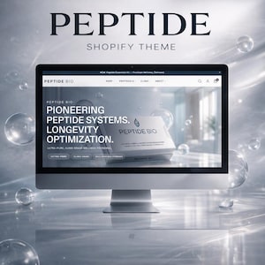 May include: A computer monitor displays a website with the text "PEPTIDE" and "SHOPIFY THEME." The website features the words "PIONEERING PEPTIDE SYSTEMS. LONGEVITY OPTIMIZATION." and "PEPTIDE BIO." The background has a soft, blurred effect with floating bubbles.