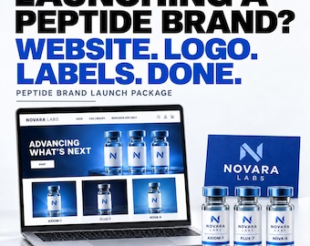 Pacote de lançamento de marca de peptídeos | Design completo de website, logotipo e rótulos para frascos de peptídeos | Loja Shopify ou WooCommerce com biblioteca de certificados de análise.
