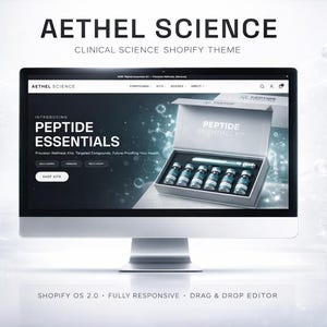 Puede incluir: Un monitor de ordenador muestra el sitio web de Aethel Science, un tema Shopify de ciencia clínica. El sitio presenta kits "Peptide Essentials" con viales y un bolígrafo. La pantalla está sobre un fondo blanco con gráficos moleculares.