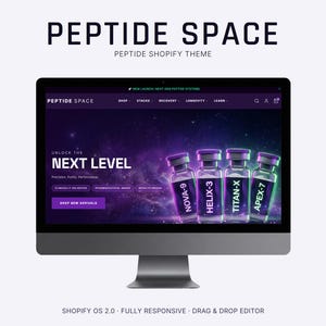 May include: A computer monitor displays a website with the text "PEPTIDE SPACE" and "PEPTIDE SHOPIFY THEME." The website features a dark purple and blue color scheme with images of vials labeled "NOVA-9," "HELIX-3," "TITAN-X," and "APEX-7."