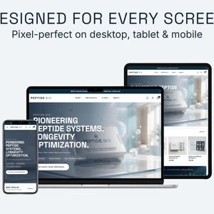 Op de afbeelding: Een digitale marketingafbeelding met een website-ontwerp op een smartphone, laptop en tablet. De website toont het "PEPTIDE BIO" logo en de tekst: "DESIGNED FOR EVERY SCREEN" en "Pixel-perfect on desktop, tablet & mobile."
