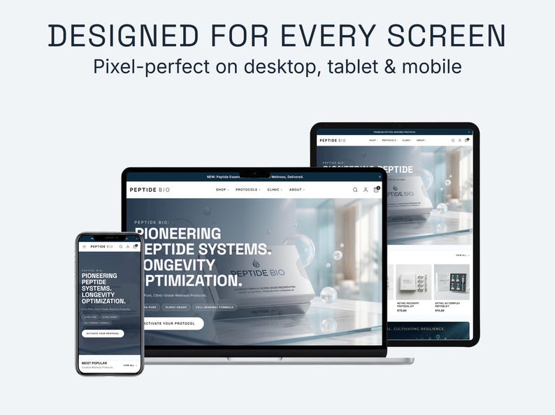 Op de afbeelding: Een digitale marketingafbeelding met een website-ontwerp op een smartphone, laptop en tablet. De website toont het "PEPTIDE BIO" logo en de tekst: "DESIGNED FOR EVERY SCREEN" en "Pixel-perfect on desktop, tablet & mobile."