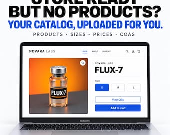 Serviço de Upload de Produtos Peptídicos | Adicione seu catálogo de peptídeos, certificados de análise e imagens à sua loja Shopify ou WooCommerce | Até 25 produtos