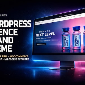 May include: A computer monitor displays a website with three vials labeled "Peptide Labs." The screen text reads "Unlock the Next Level." The image also includes the text "Wordpress Science Brand Theme" and "Elementor Pro WooCommerce Drag & Drop No Coding Required."