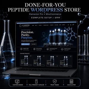 Może przedstawiać: Laptop wyświetlający stronę internetową Lumen Research dla sklepu z peptydami. Ekran pokazuje listę produktów z fiolkami, menu nawigacyjne oraz tekst Precision, Purity, Purpose. Pod laptopem znajdują się ikony reprezentujące projekt niestandardowy, katalog produktów, strony zaufania oraz kalkulator.