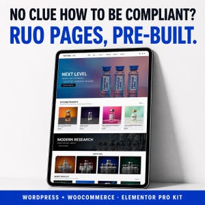 May include: A tablet displaying a website for Peptide Labs with the text NO CLUE HOW TO BE COMPLIANT? RUO PAGES, PRE-BUILT. The website features product images of glass vials, sections for featured products, modern research, and WordPress branding.