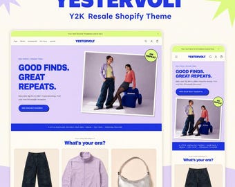 Tema Vintage para Shopify | Modelo de Site Shopify para Boutique de Revenda de Roupas Y2K | Design de Loja de Moda Vibrante | Tema Digital Adaptado para Dispositivos Móveis