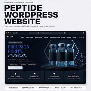 Puede incluir: Una vista previa digital de un sitio web titulado Peptide WordPress Website, que presenta una tienda WooCommerce de tema oscuro para Nexus Research. La interfaz muestra tres viales de vidrio sobre una base de piedra, con el texto Precision, Purity, Purpose.