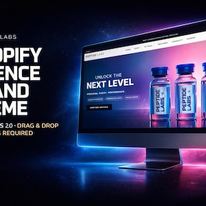 May include: A computer monitor displays a website with three blue-capped vials labeled "PEPTIDE LABS." The screen text reads "UNLOCK THE NEXT LEVEL." The image also includes the text "SHOPIFY SCIENCE BRAND THEME" and "SHOPIFY OS 2.0 - DRAG & DROP NO CODING REQUIRED."